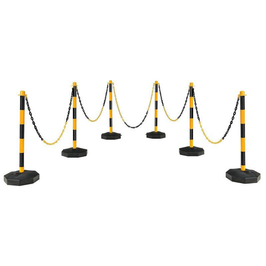6 Pack Delineator Post Cone W/ Octagonal Fillable Base & 5Ft Link Chains