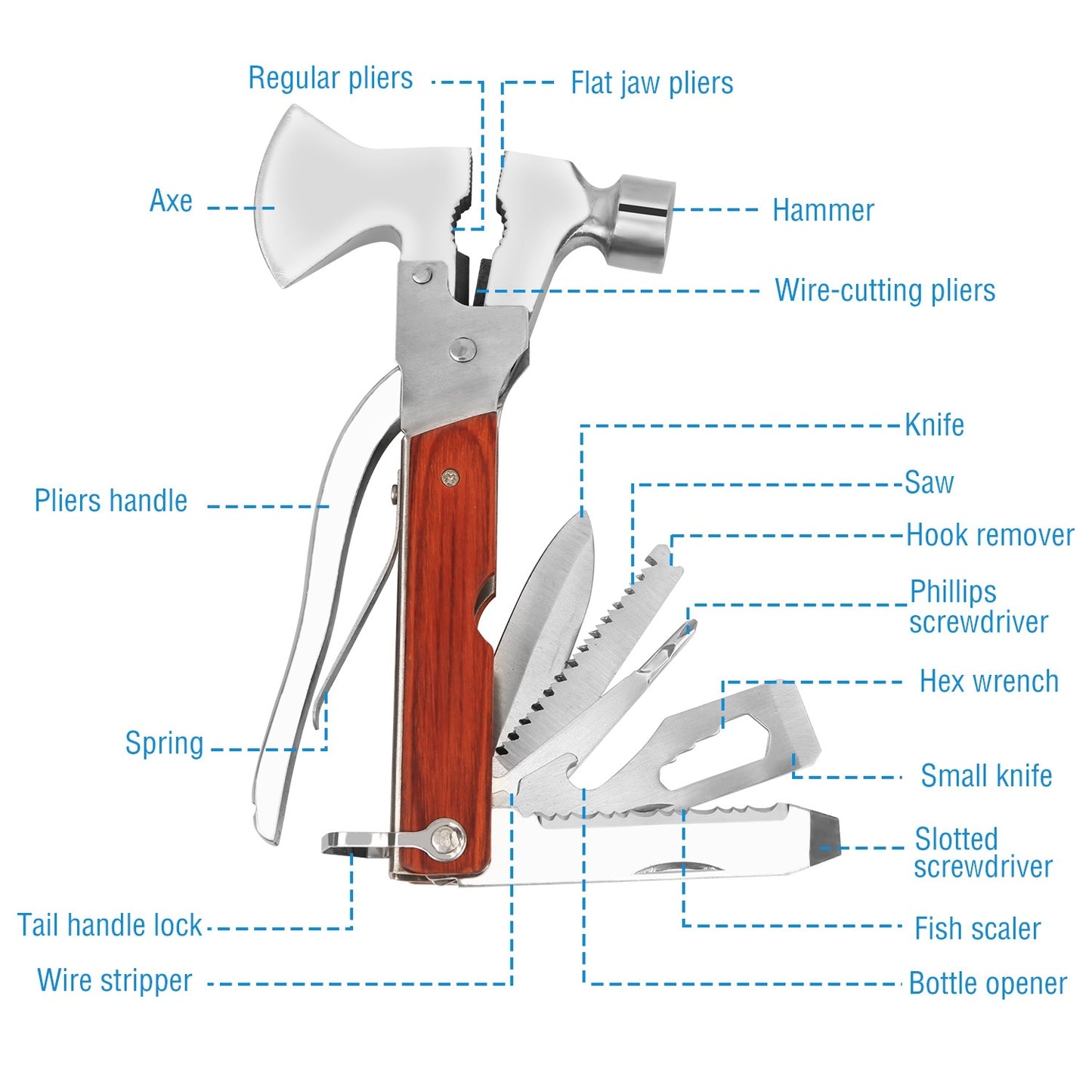 Outdoor Survival Multitool 7in Folding Multifunctional Axe Hammer Plier Knife Tool Camping